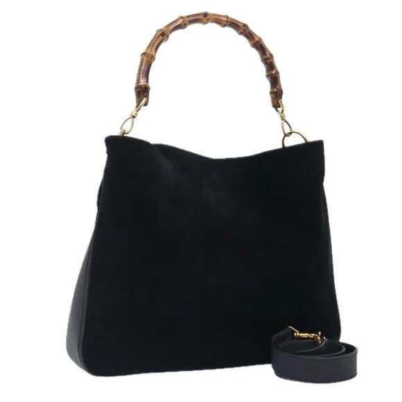 GUCCI Bamboo Hand Bag Suede 2way Black Gold 001 2058 15776 Auth 93208 - Picture 1 of 16